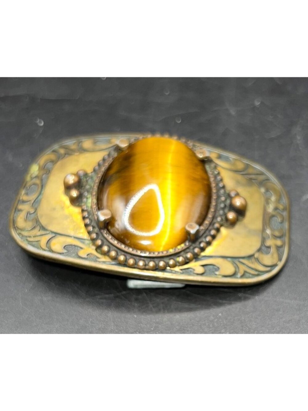 Vintage Brass Belt Buckle With Tigers Eye Stone Ornate Design Scrollwork Patina
